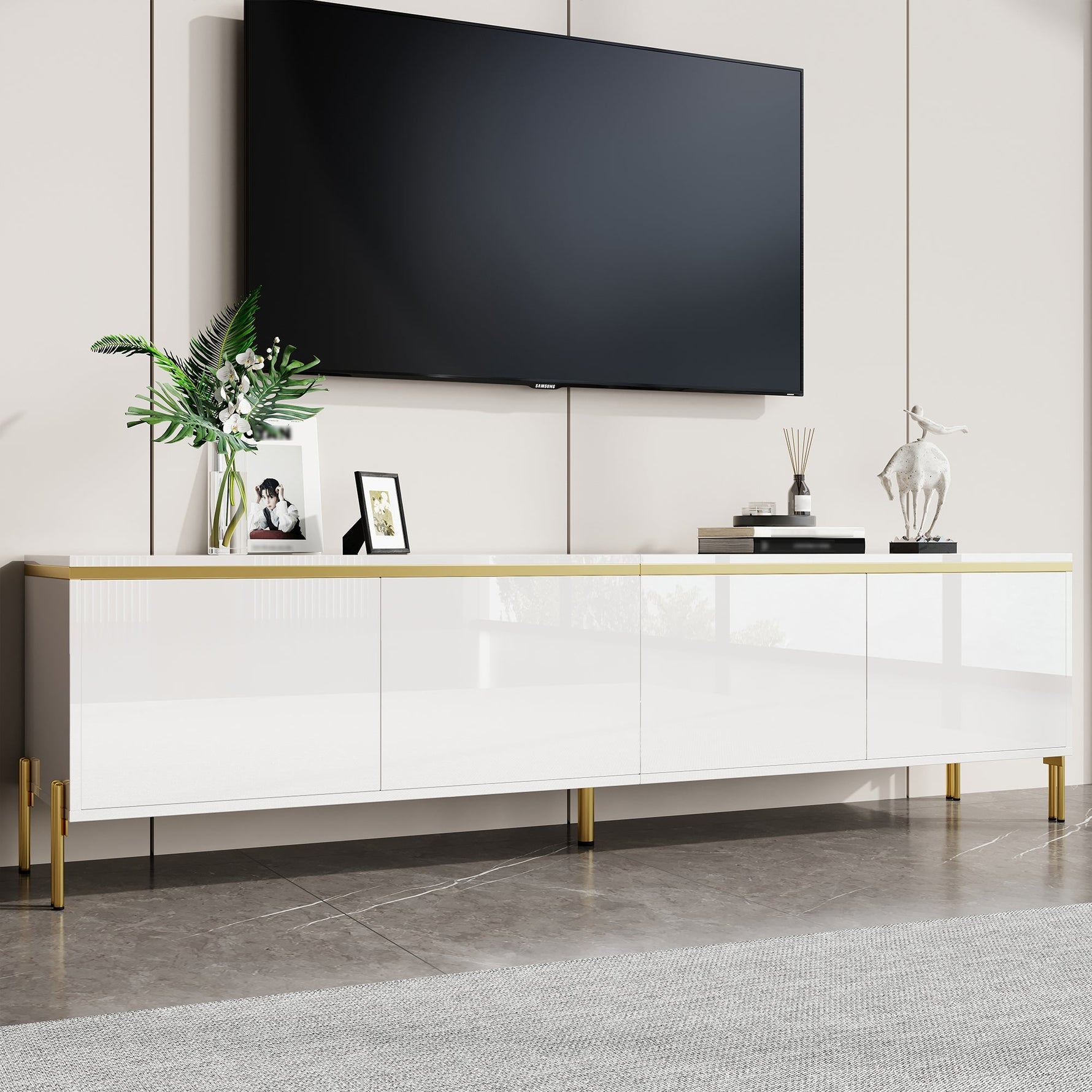 TV Stand Modern High-Gloss with 4 Cabinet Doors and Storage, Gold Edge Banding