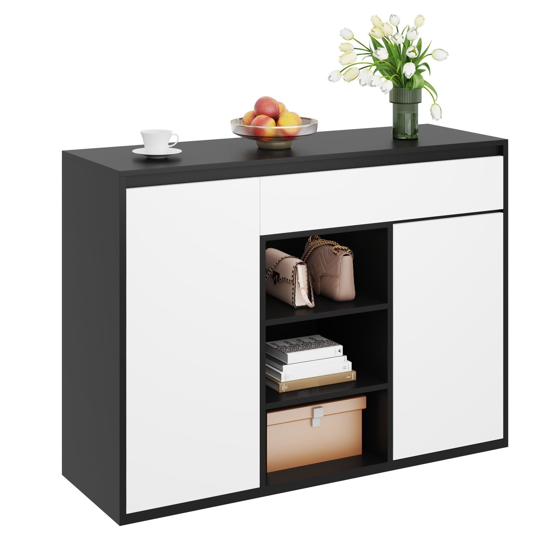 Shoe Cabinet, 2 Doors 1 Drawer Adjustable Rack, Black/White Modern Design