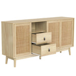 Sideboard, 3 Sliding Real Rattan Doors & 2 Drawers, Wood Color