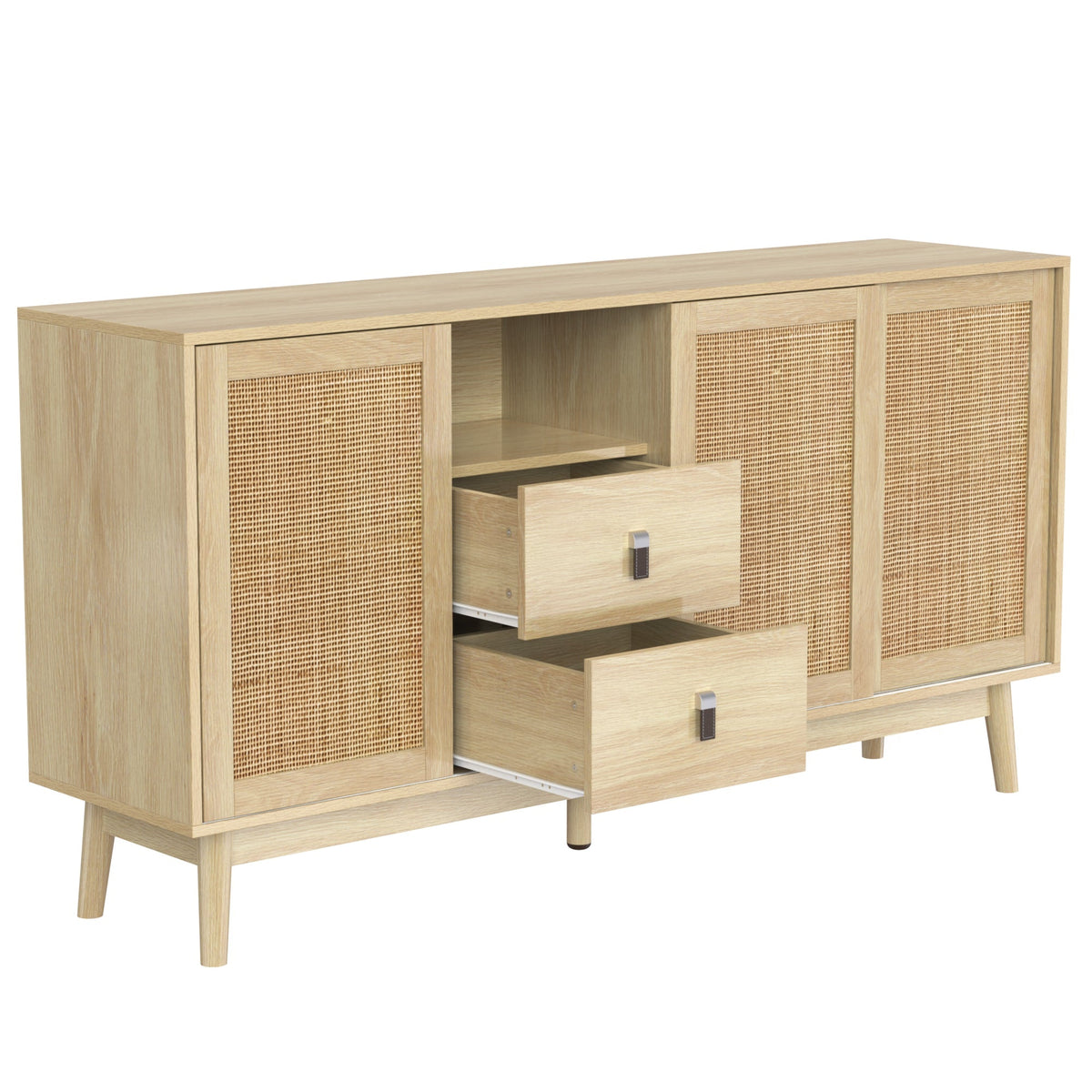 Sideboard, 3 Sliding Real Rattan Doors & 2 Drawers, Wood Color