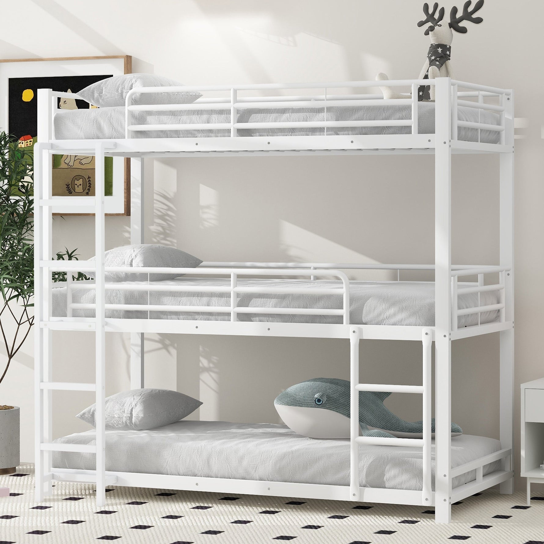 Triple Bunk Bed Frame for Children and Adults, 90x200cm Metal, White