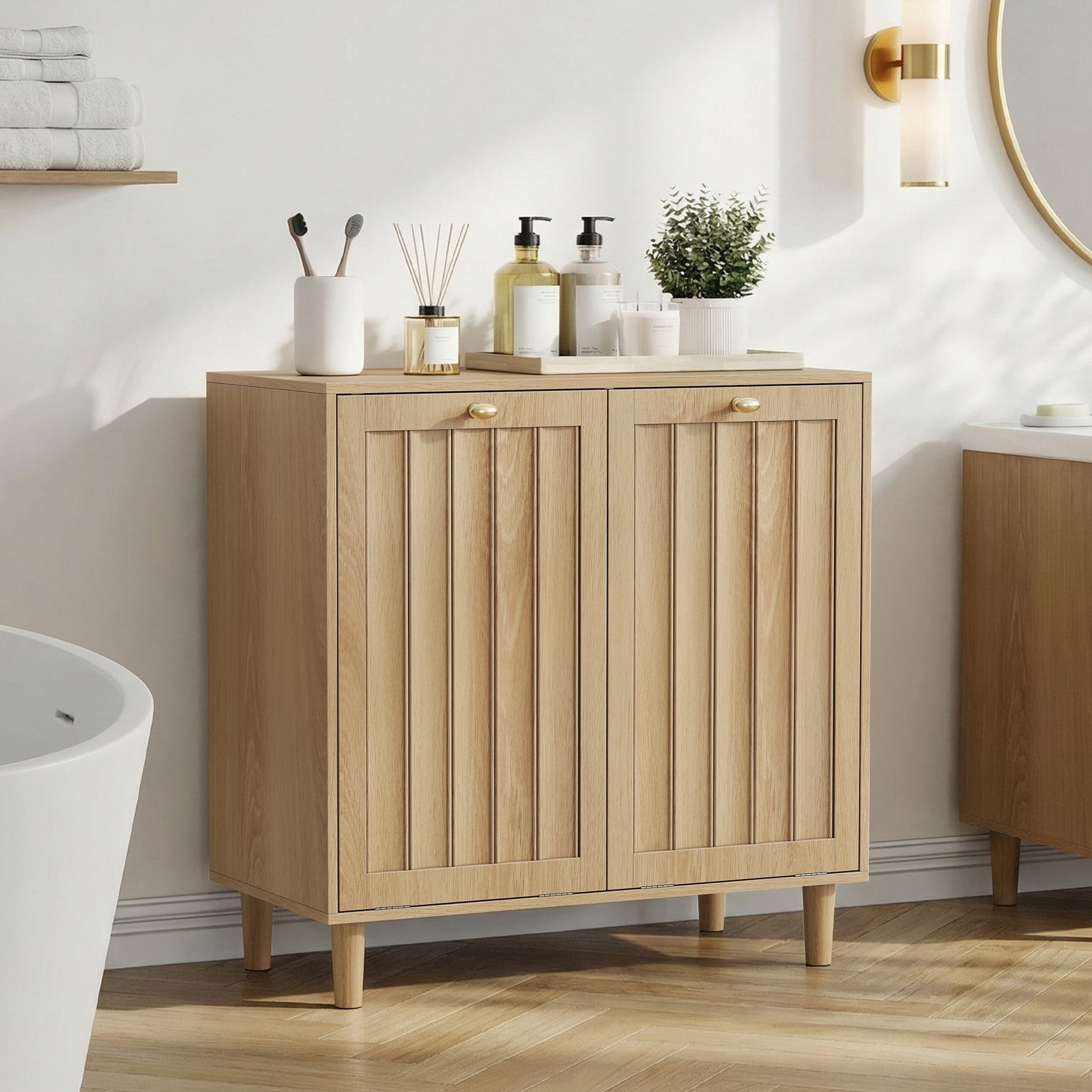 Slanted Laundry Basket with Removable Inner Basket and Bathroom Storage Shelf, Oak Wood Color