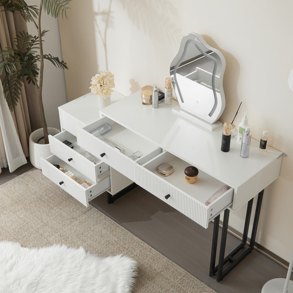 Dressing Table Set with 3-Color LED Mirror & Extendable Tabletop
