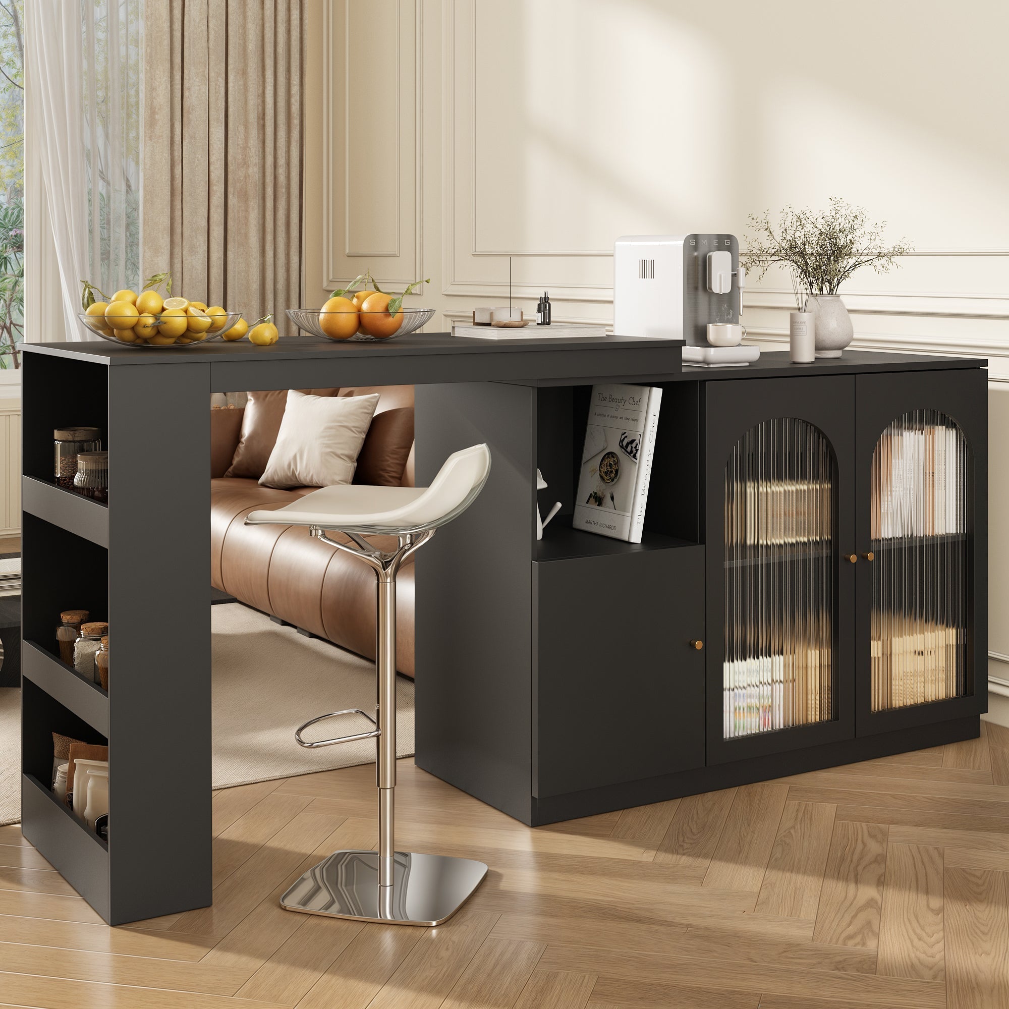 360° Rotating Bar Table, Multifunctional Dining & Bar Cabinet, Glass Door Storage, Black