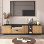 TV Cabinet 1 Drawer 3 Doors Glass Compartments Fine Texture 16 LED Lights, Black/Natural Wood
