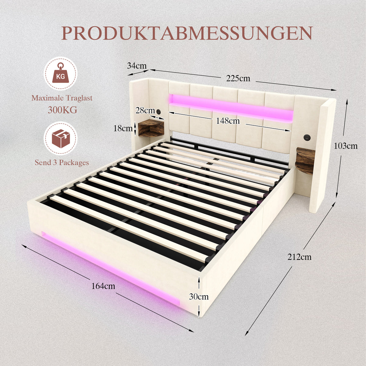Multifunctional Bed Frame 160x200cm LED Hydraulic Storage Velvet