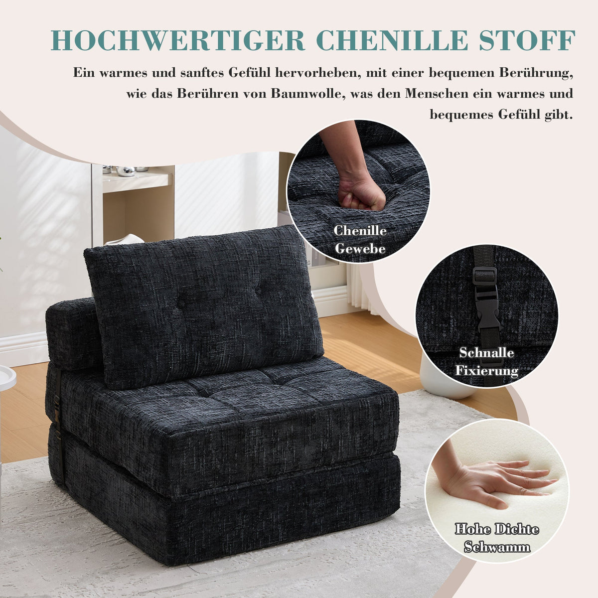 Folding Sofa Bed with Pillows & Backrest, Portable Floor Sofa for Living Room & Bedroom