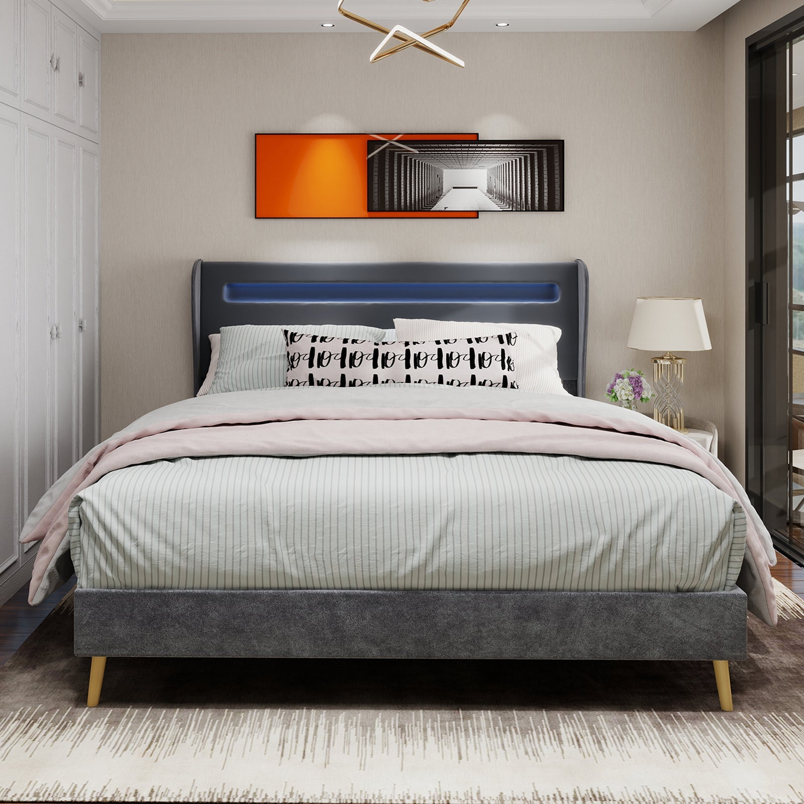 Upholstered Bed, Modern Minimalist LED Headboard, 160x200 cm, Grey