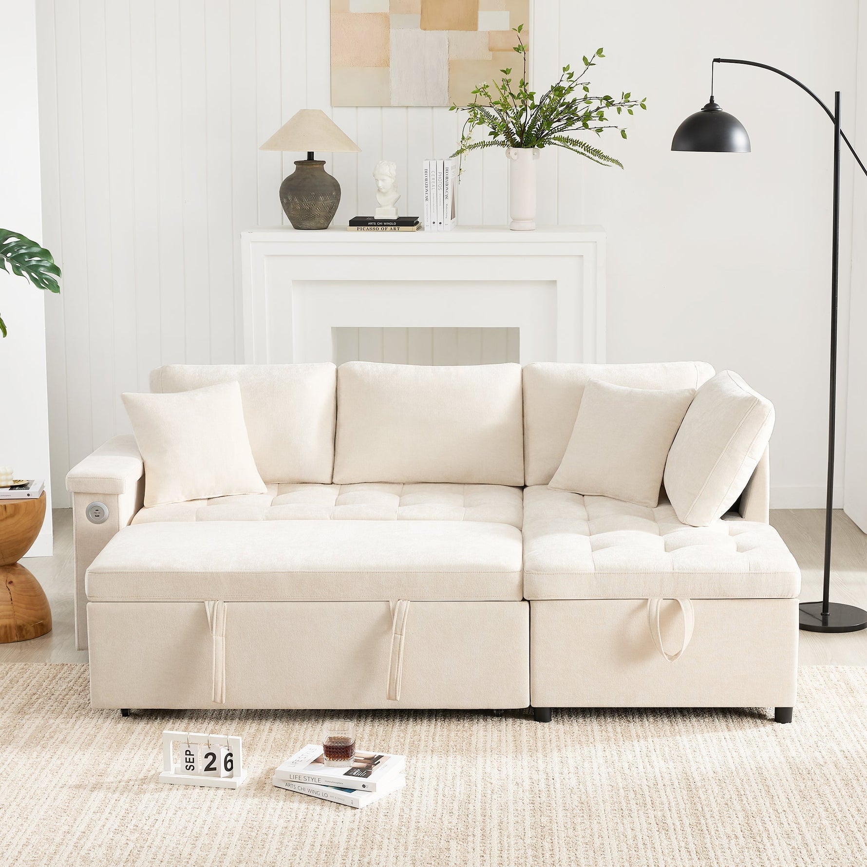 Modern L-shaped Sofa Bed with Storage, USB Charger, and Cushions, Beige