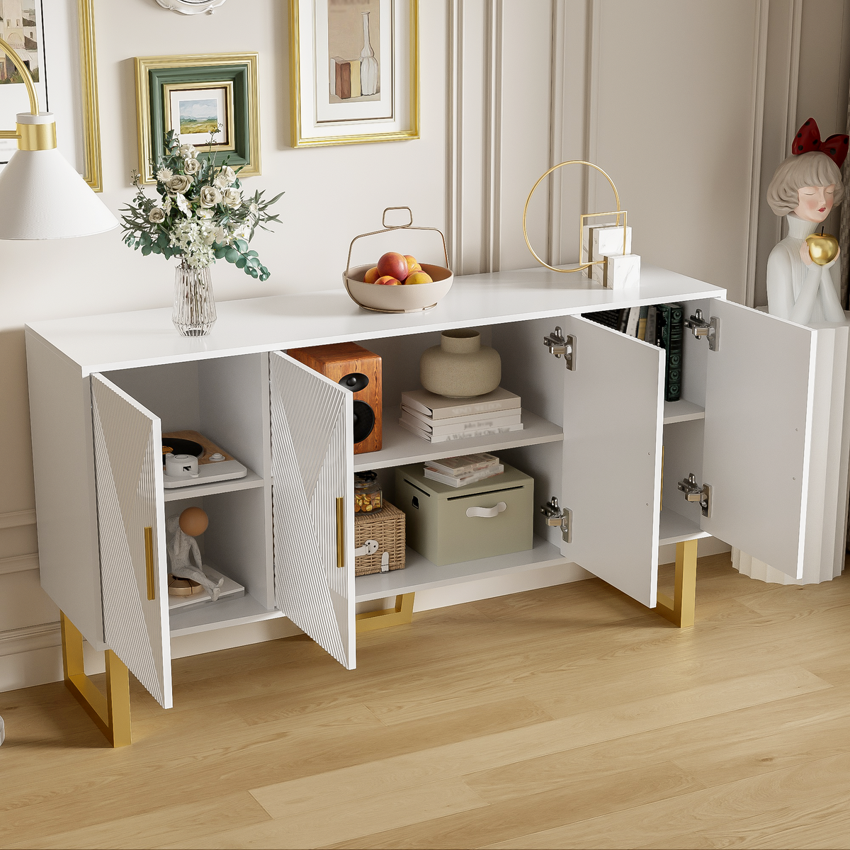 Sideboard, 150cm Modern Luxurious 4-Door with Adjustable Shelves, White High-Gloss