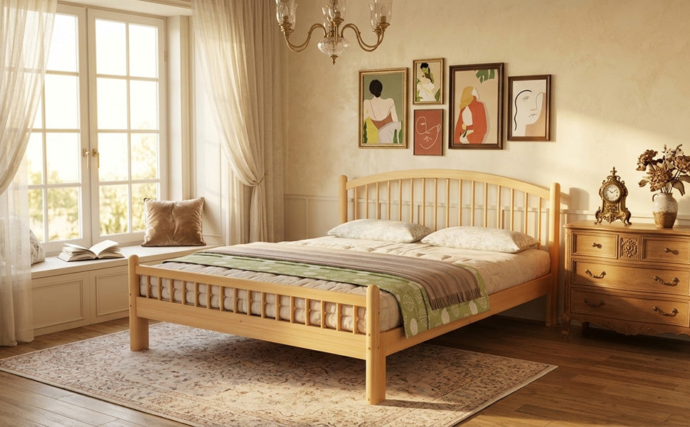 Solid Wood Bed 140x200cm with Slatted Headboard, Natural