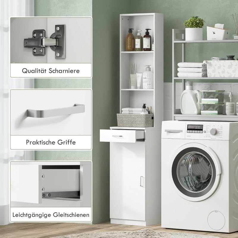 Tall Bathroom Cabinet, Drawer Door Adjustable Shelves, White