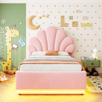 Upholstered Bed 90x200cm, Flower Headboard & Storage, Pink Velvet