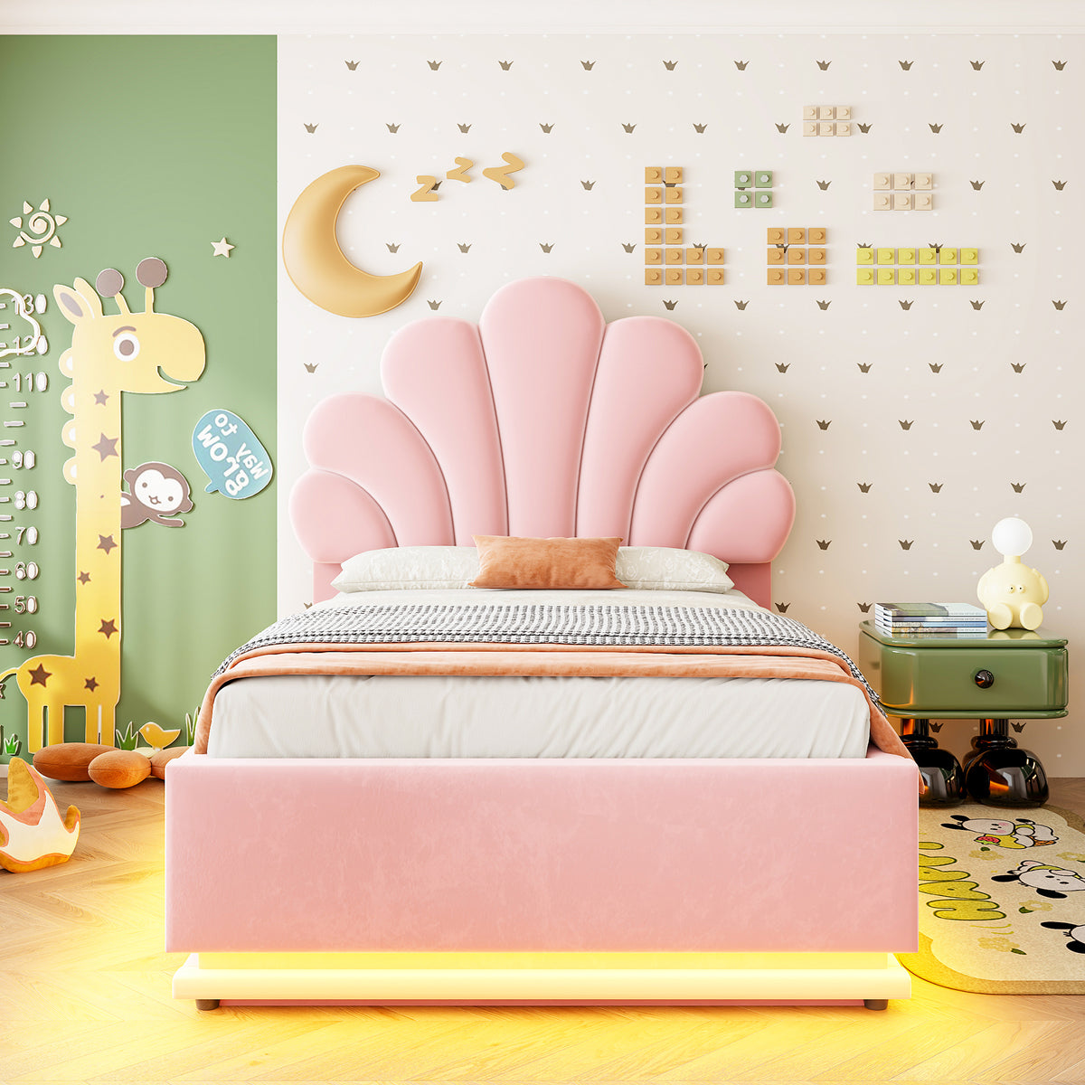 Upholstered Bed 90x200cm, Flower Headboard & Storage, Pink Velvet