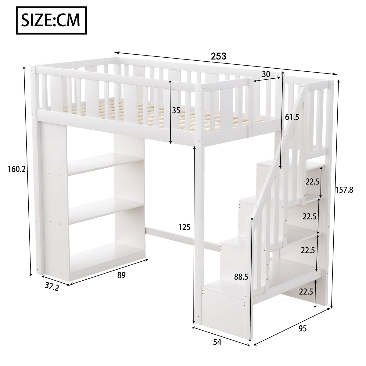 Loft Bed, 90x200cm with Storage Stairs, Functional Wooden Bed, White