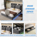 LED upholstered bed, 140 × 190 cm, hydraulic bed, 2-in-1 storage drawers at the foot of the bed, built-in LED light strips on both sides of the bed, slatted base, mattress not included, velvet, grey.