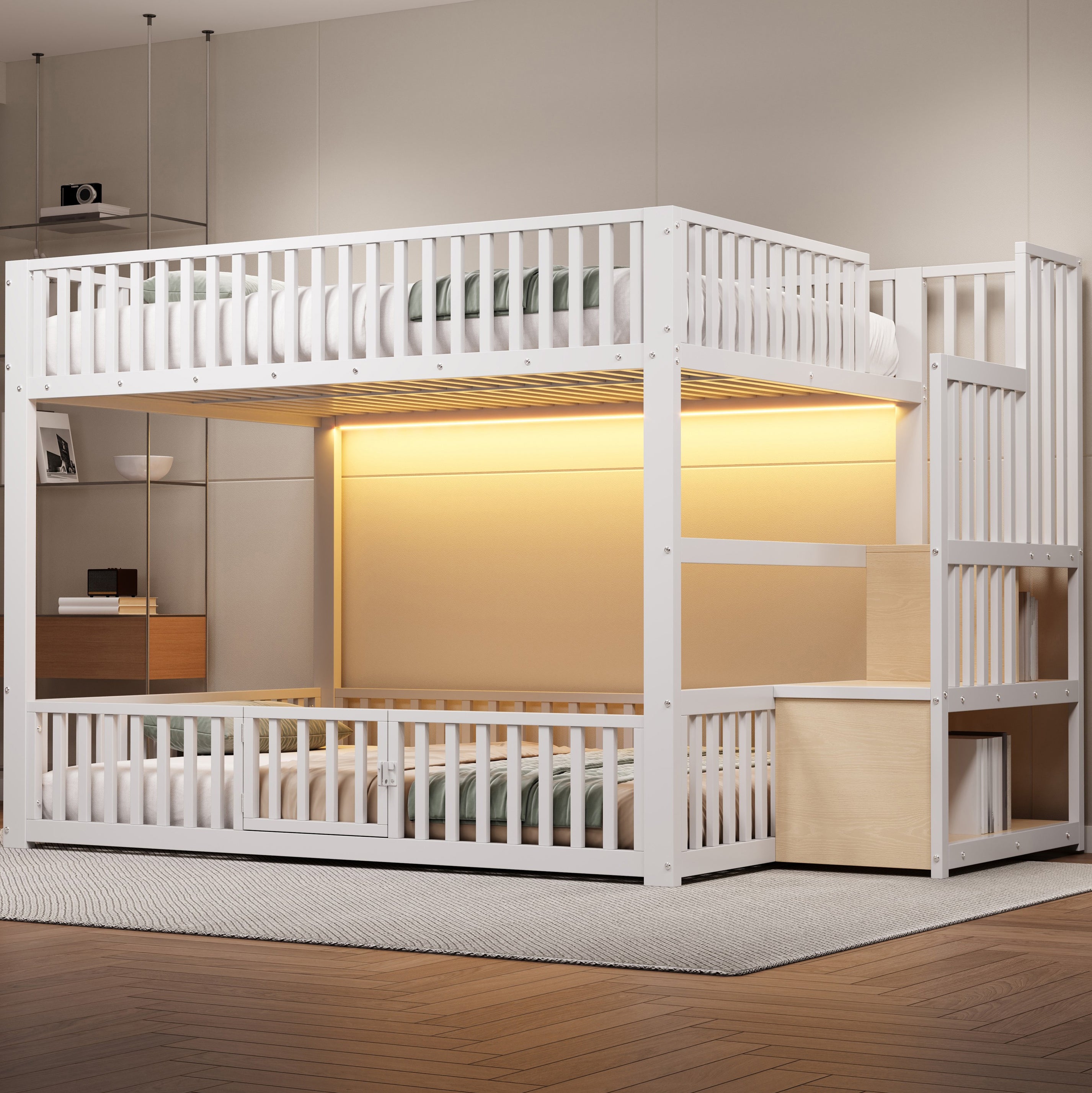 Bunk Bed with Storage Ladder and LED, 140x200cm, White