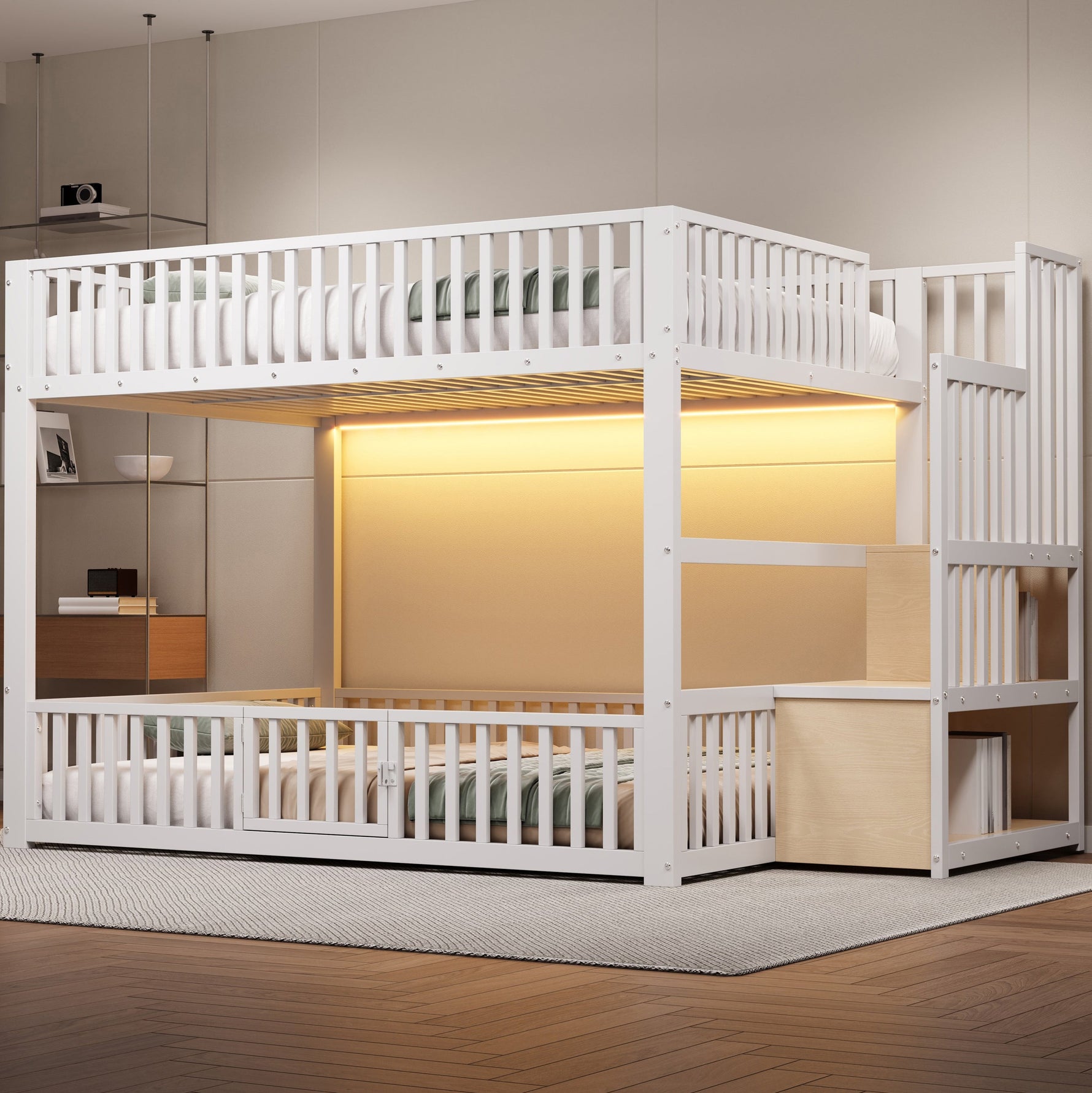 Bunk Bed with Storage Ladder and LED, 140x200cm, White