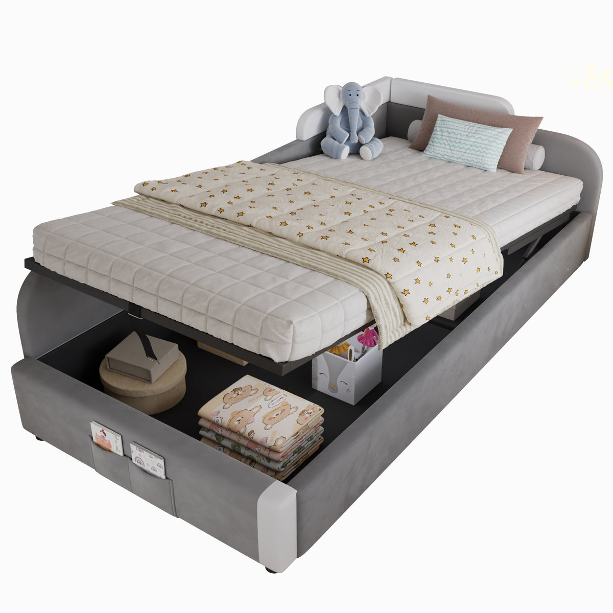 Upholstered Bed, Hydraulic with Storage, Velvet+Plywood Grey 90x200cm