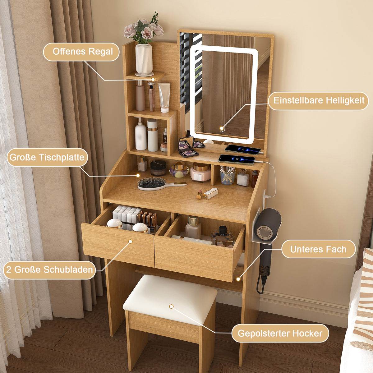 Dressing Table Set with LED Mirror & Power Outlet, Wood