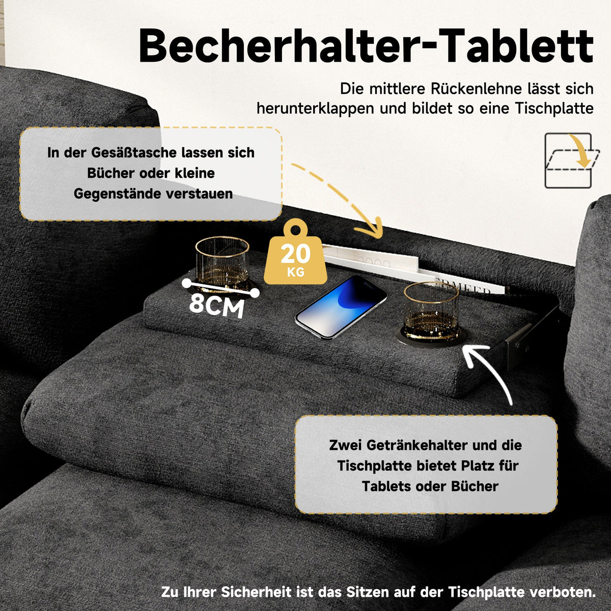 Three-Seater Sofa Multifunctional Folding Table USB Storage - Chenille