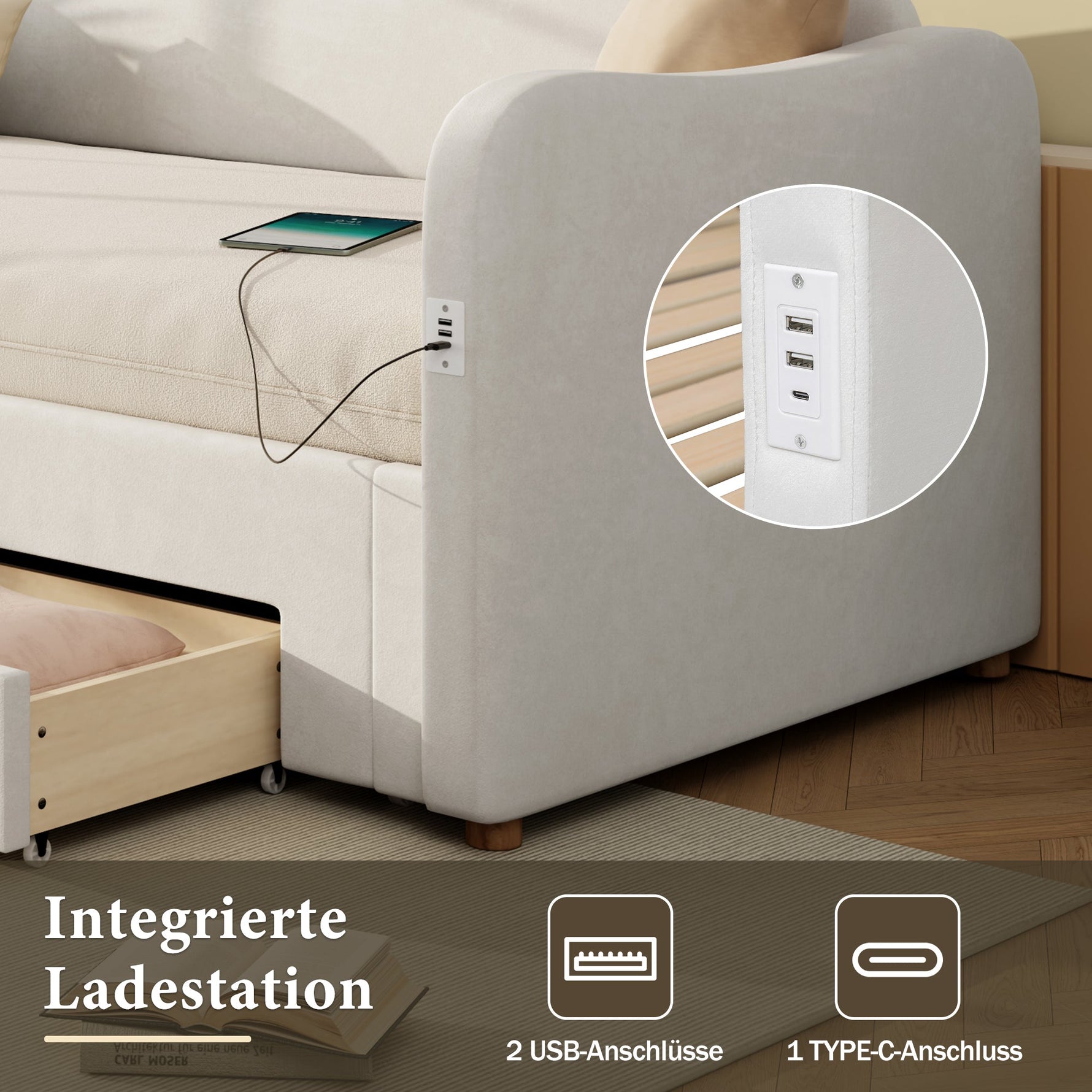 Upholstered Daybed with 2 Drawers, USB Port, 90x200cm Extendable to 180cm, Beige Velvet