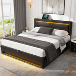 Upholstered Bed with USB, LED and Storage, 160x200cm, Black PU Lychee Pattern