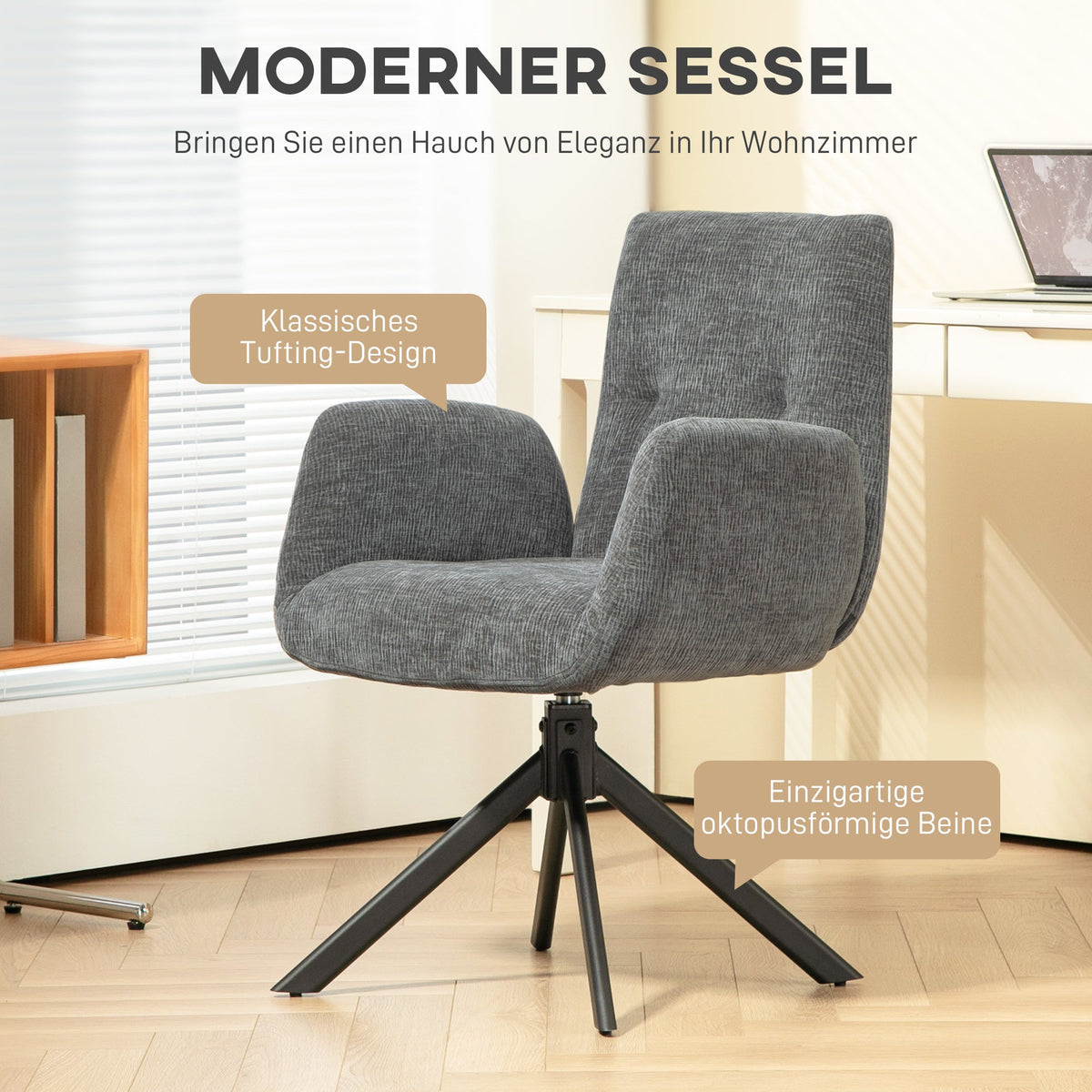 Swivel Lounge Chair, Upholstered with Button Stitching, Dark Grey Wool-Linen