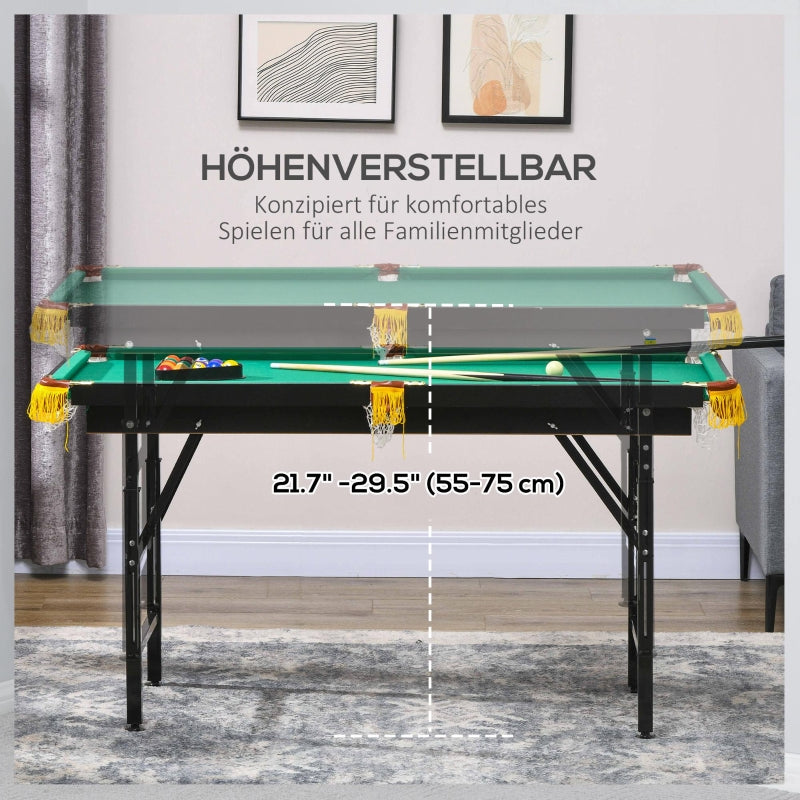 Pool Table with Folding and Height-Adjustable Design, Includes 2 Queues and 16 Balls, Green