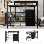 Iron Bunk Bed with Table, Wardrobe, Storage, 5-Step Ladder, 90x200cm - Black Iron/Chipboard