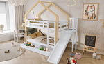 House Bunk Bed with Slide & 2 Drawers, 90x200cm, Solid Wood White