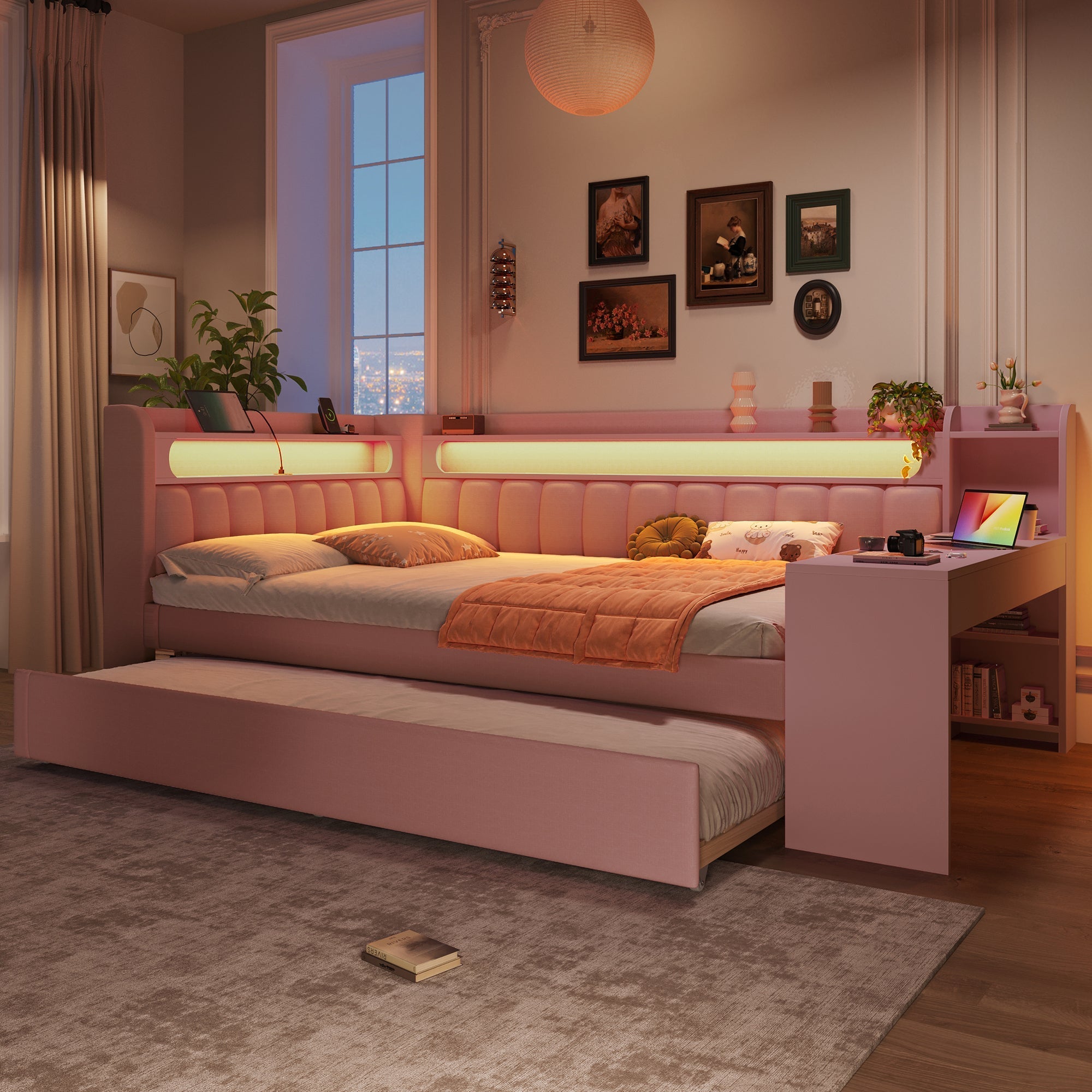 Upholstered Daybed with USB Ports, LED, Pull-out Bed and Desk, 140x200, Pink