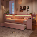 Upholstered Daybed with USB Ports, LED, Pull-out Bed and Desk, 140x200, Pink