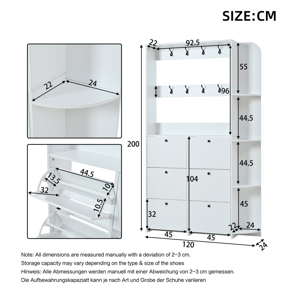 Hallway Cabinet 3-in-1 Shoe Cabinet 8 Hooks 5 Shelves - White