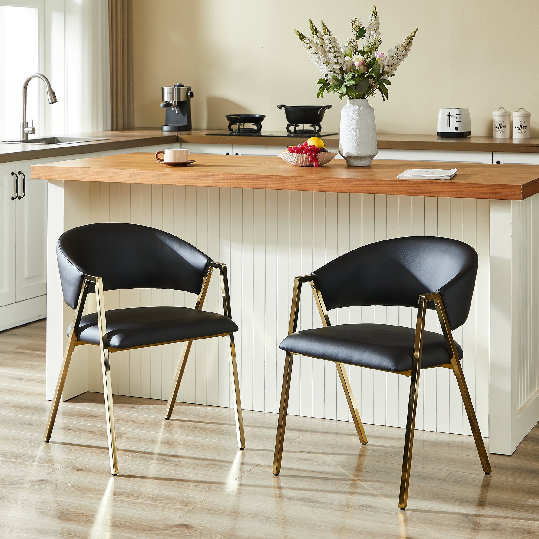 Set of 2 Dining Chairs Modern Minimalist Gold Metal Frame - Black PU Leather