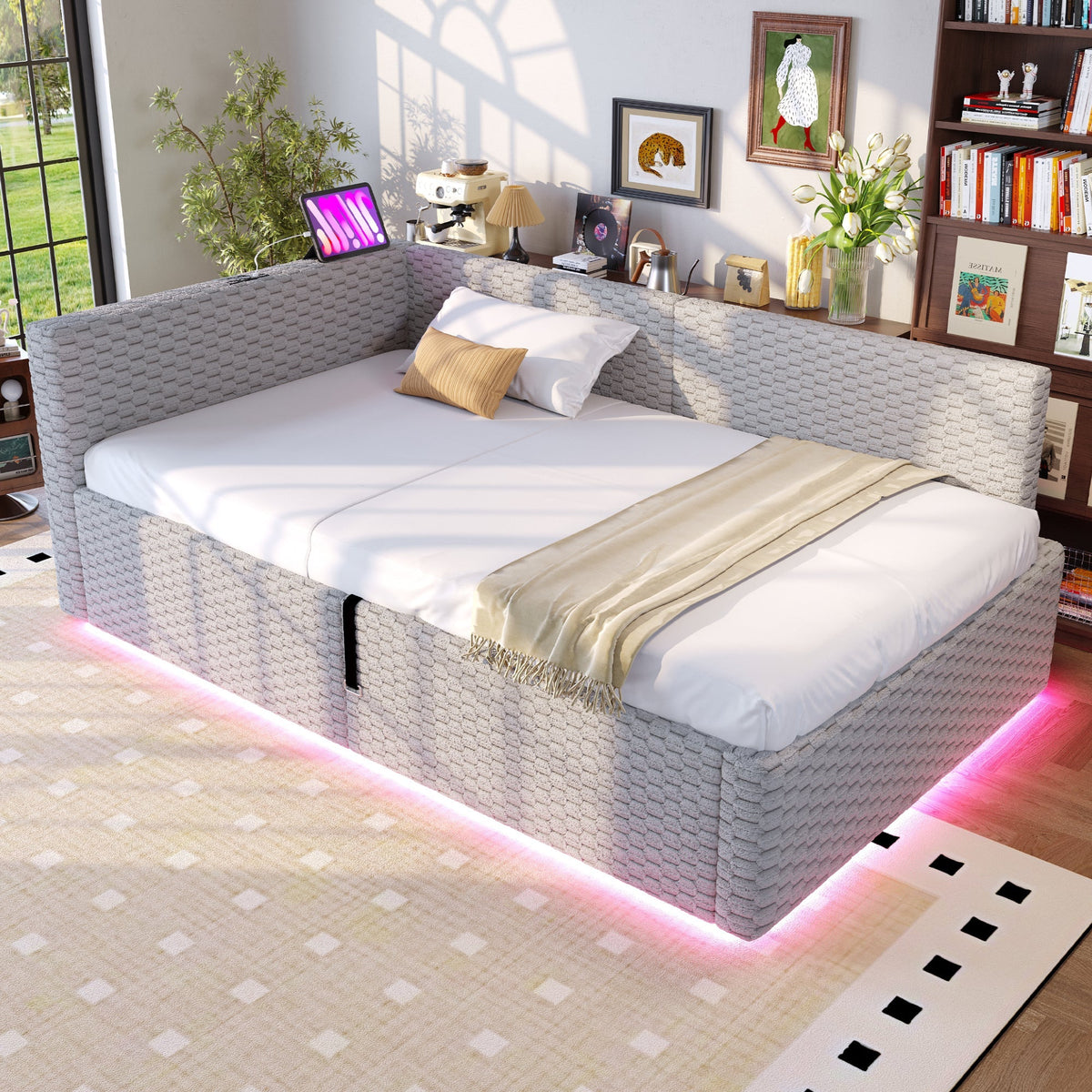 Upholstered Bed with LED, USB, Type-C and Hydraulic Storage, 90x200cm, Grey Velvet