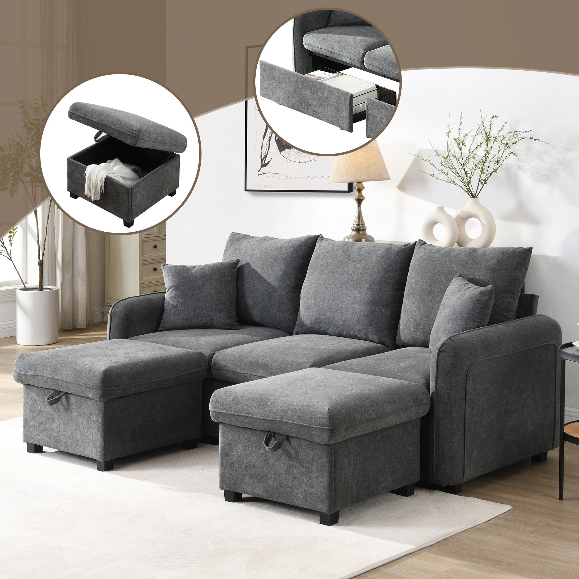 Corner Sofa U-Shaped Three-Seater Modular with Storage & Sleeping Function, Chenille