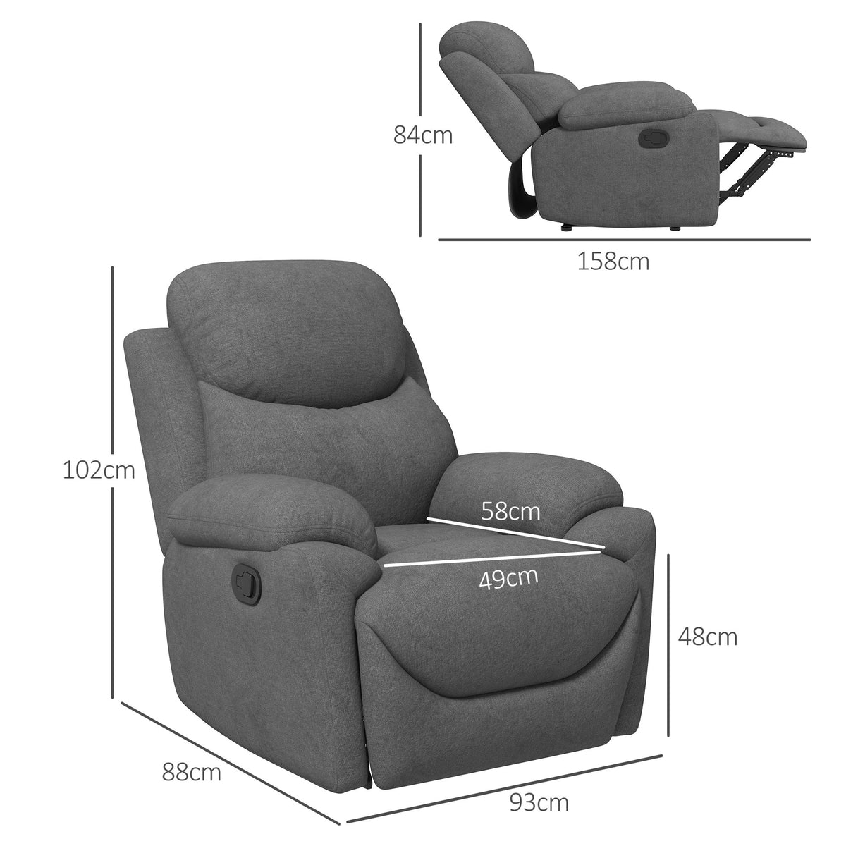 Reclining Armchair, Upholstered Lounge Chair Linen Look, Grey