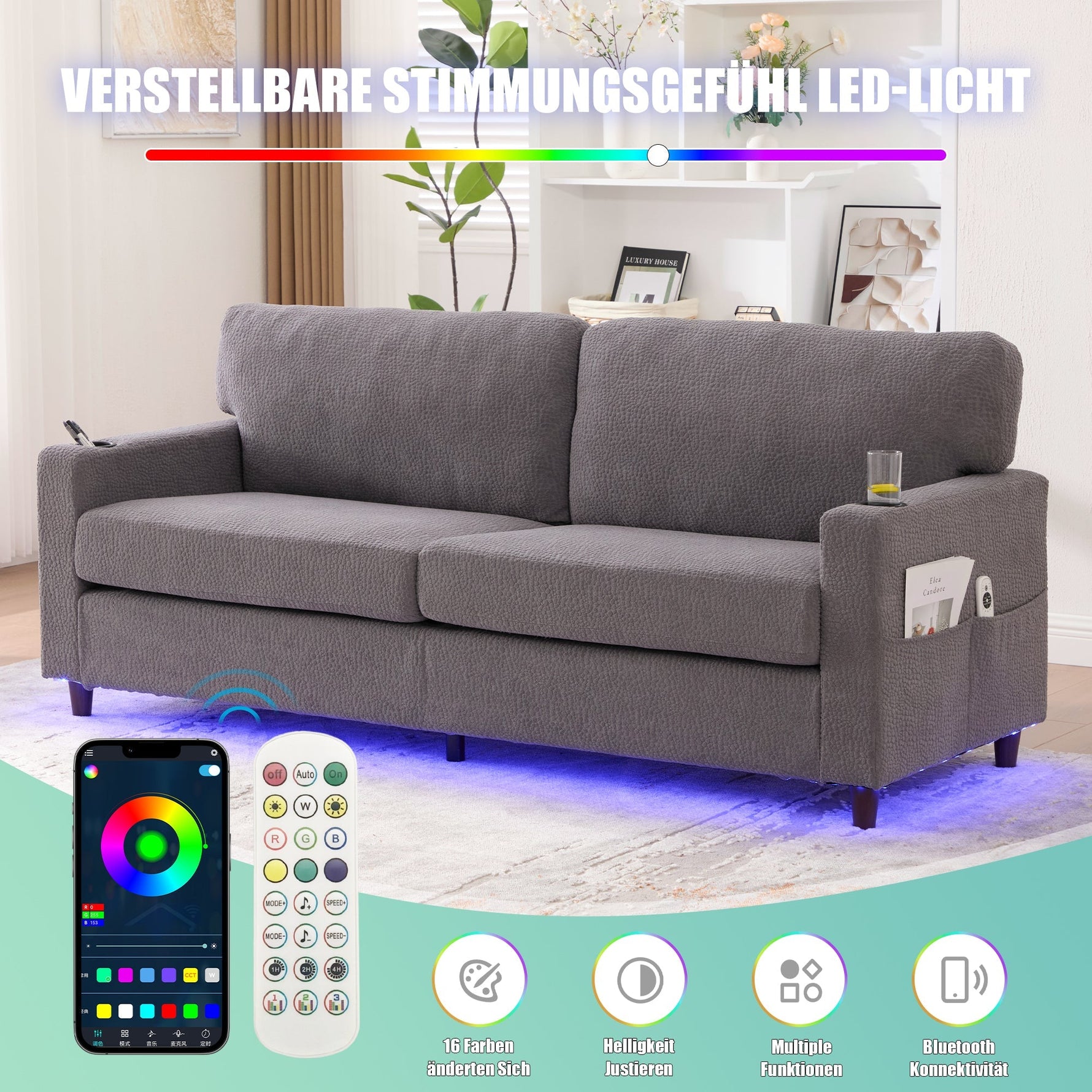 2-Seater Sofa USB-C LED Cup Holders & Pockets - Light Gray Chenille