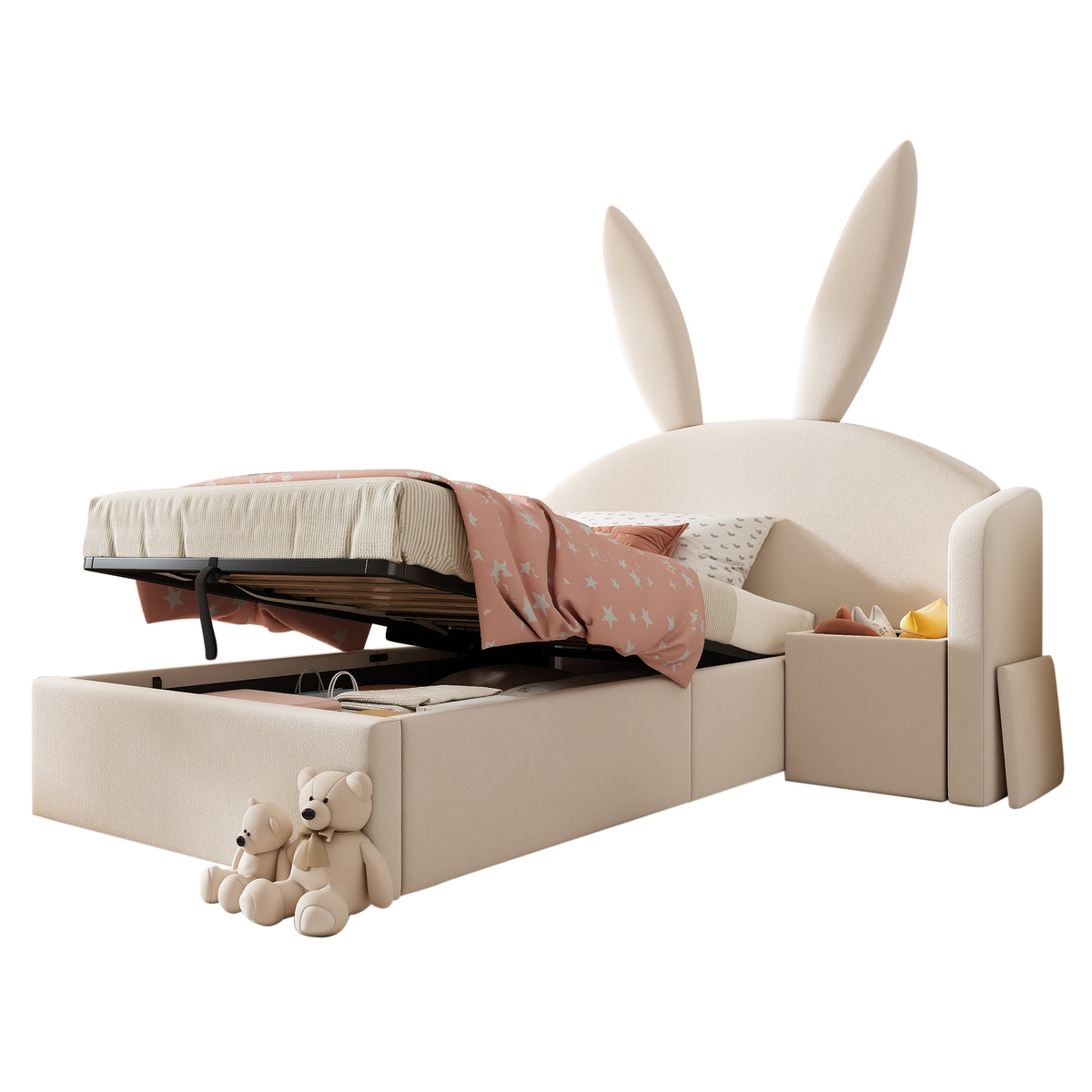 Bunny Ear Kids Bed 90x190cm, Hydraulic Storage, Beige Velvet