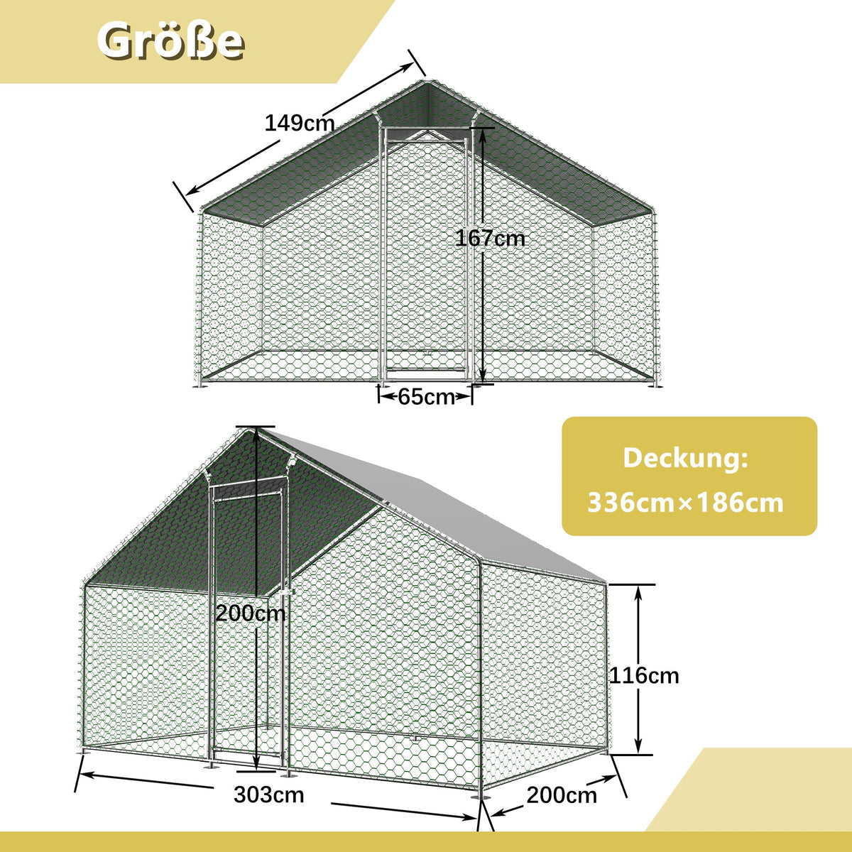 Free-Range Chicken Coop 3x2x2m, Safety Lock, Waterproof PE Cloth, Metal