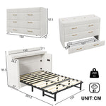 Wall Bed with Storage Drawer, USB Ports and Convertible Platform, Beige Linen