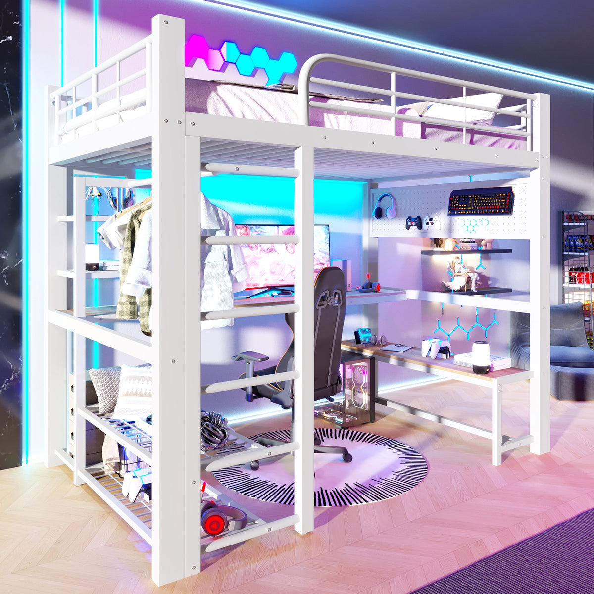 Loft Bed 140x200cm with LED, Storage Stairs & Grid, White Metal