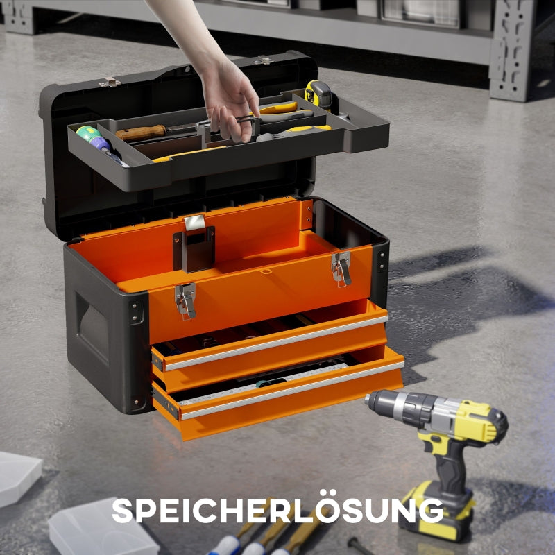 Empty Tool Box, Drawer, Top Storage, Handle, Steel, Orange