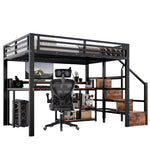 Loft Bed 140x200cm with Storage Cabinet & LED, Black Metal