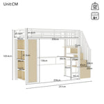Loft Bed 90x200cm with Desk, Storage & LED Light - White Iron Frame