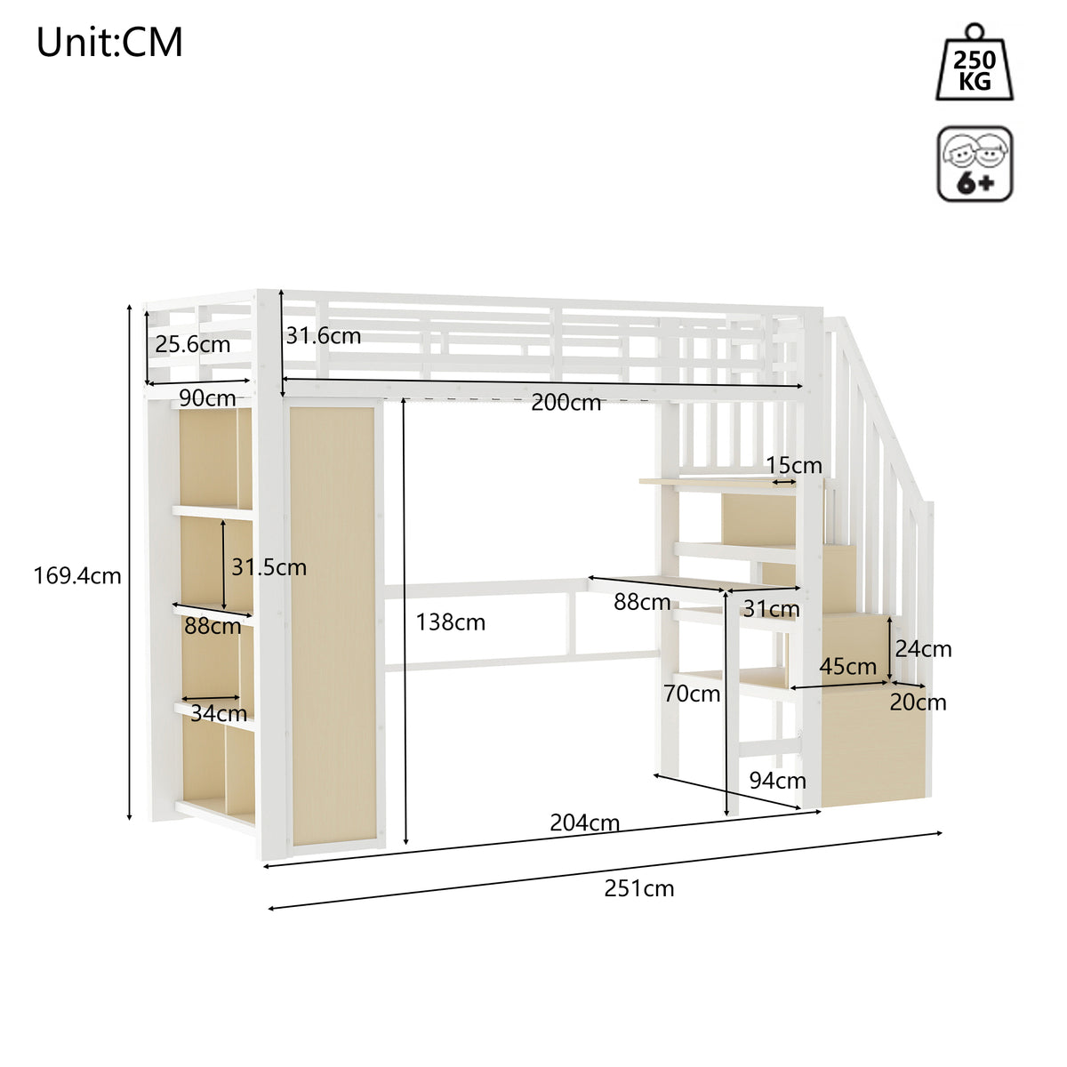 Loft Bed 90x200cm with Desk, Storage & LED Light - White Iron Frame