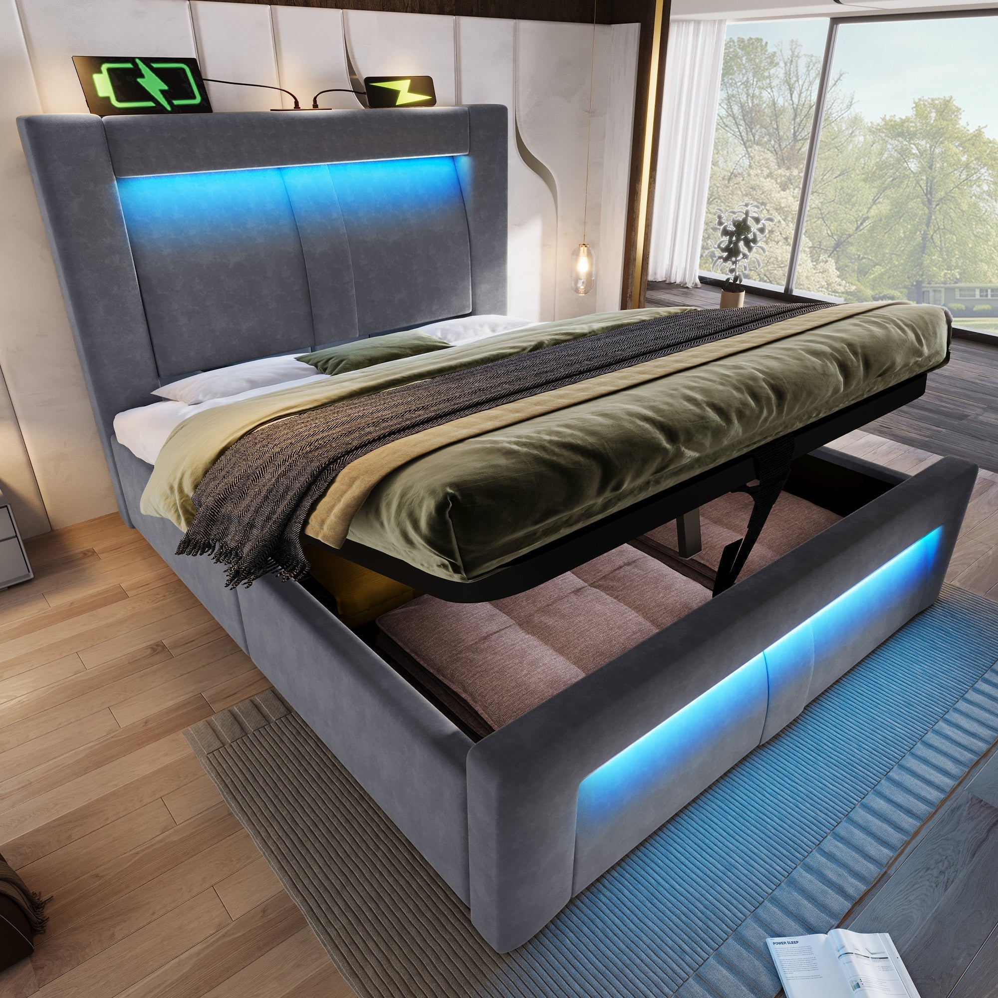 Single Bed 90x200cm Hydraulic Storage LED App USB/Type-C Velvet Grey