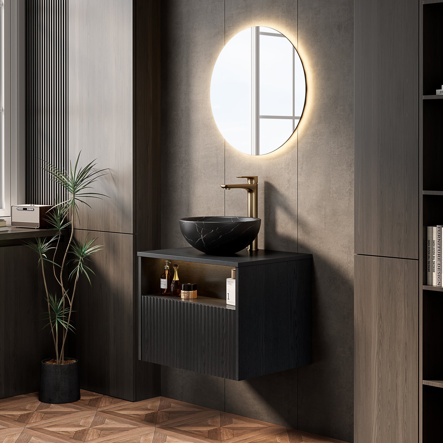 Floating Bathroom Washbasin with Ceramic Bowl and Sensor Light, 60cm Plywood Cabinet, Black