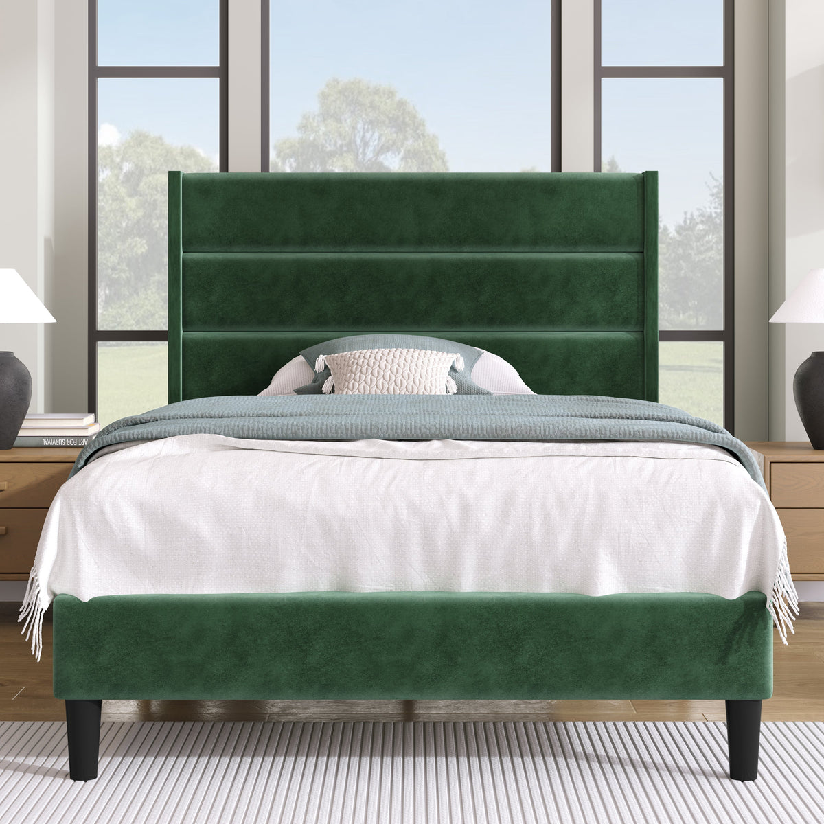 Upholstered Bed, 90x200cm Double with Slatted Frame & Headboard, Dark Green Velvet